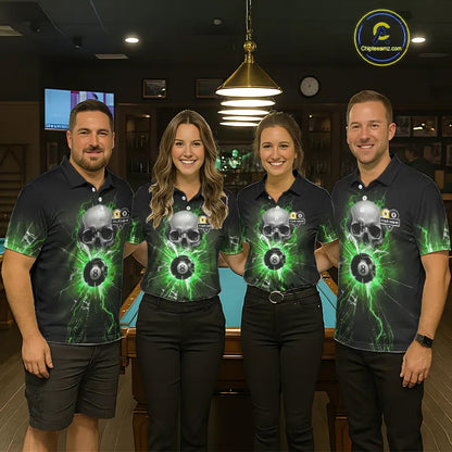 Green 8 & 9 Ball Skull Billiard Shirt For Men Custom Glass Break Pool Team Jersey Polo & 1/4 Zip TDM5972