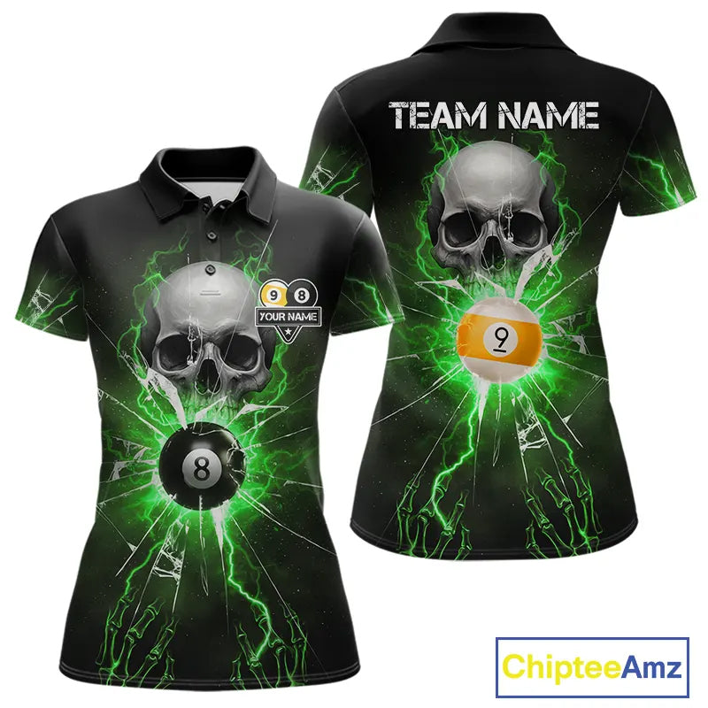 Green 8 & 9 Ball Skull Billiard Shirt For Women Custom Glass Break Pool Team Jersey Polo & 1/4 Zip TDM5972