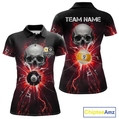 Red 8 Ball & 9 Ball Skull Billiard Shirt For Women Custom Glass Break Pool Team Jersey Polo, 1/4 Zip TDM5973