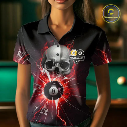 Red 8 Ball & 9 Ball Skull Billiard Shirt For Women Custom Glass Break Pool Team Jersey Polo, 1/4 Zip TDM5973