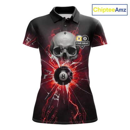 Red 8 Ball & 9 Ball Skull Billiard Shirt For Women Custom Glass Break Pool Team Jersey Polo, 1/4 Zip TDM5973