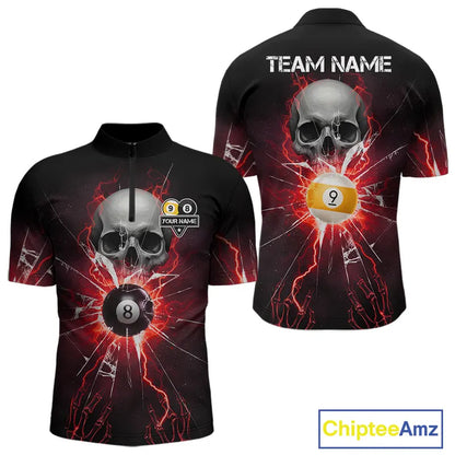 Red 8 Ball & 9 Ball Skull Billiard Shirt For Men Custom Glass Break Pool Team Jersey Polo, 1/4 Zip TDM5973
