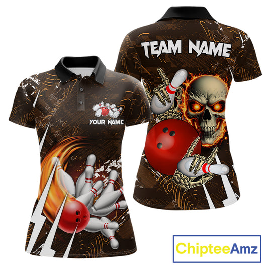 Personalized Skull Bowling Jersey For Women Custom Bowling Team Shirt Polo & Quarter Zip | Orange TDM6205