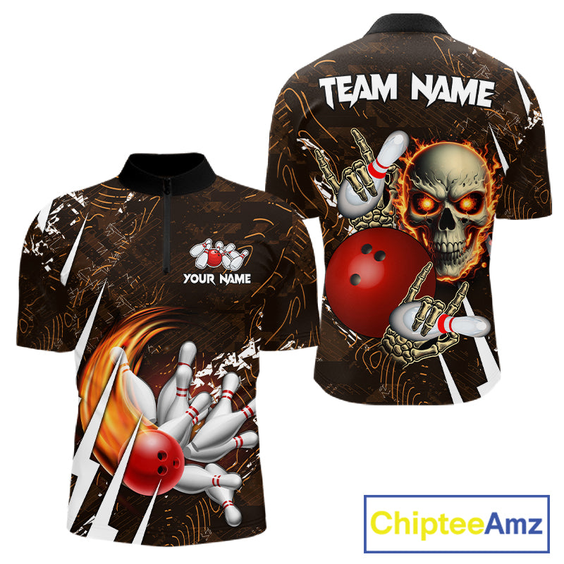 Personalized Skull Bowling Jersey For Men Custom Bowling Team Shirt Polo & Quarter Zip | Orange TDM6205