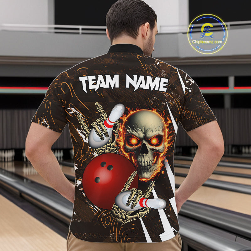 Personalized Skull Bowling Jersey For Men Custom Bowling Team Shirt Polo & Quarter Zip | Orange TDM6205
