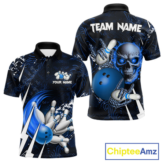 Personalized Skull Bowling Jersey For Men Custom Bowling Team Shirt Polo & Quarter Zip | Blue TDM6206