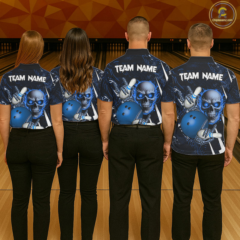 Personalized Skull Bowling Jersey For Women Custom Bowling Team Shirt Polo & Quarter Zip | Blue TDM6206