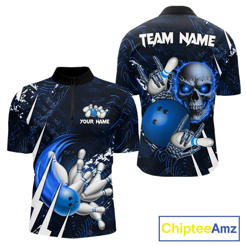 Personalized Skull Bowling Jersey For Men Custom Bowling Team Shirt Polo & Quarter Zip | Blue TDM6206