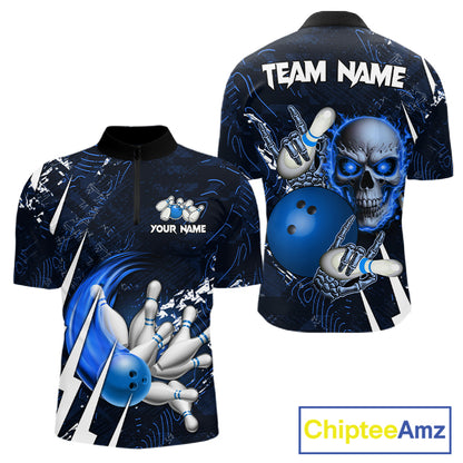 Personalized Skull Bowling Jersey For Men Custom Bowling Team Shirt Polo & Quarter Zip | Blue TDM6206