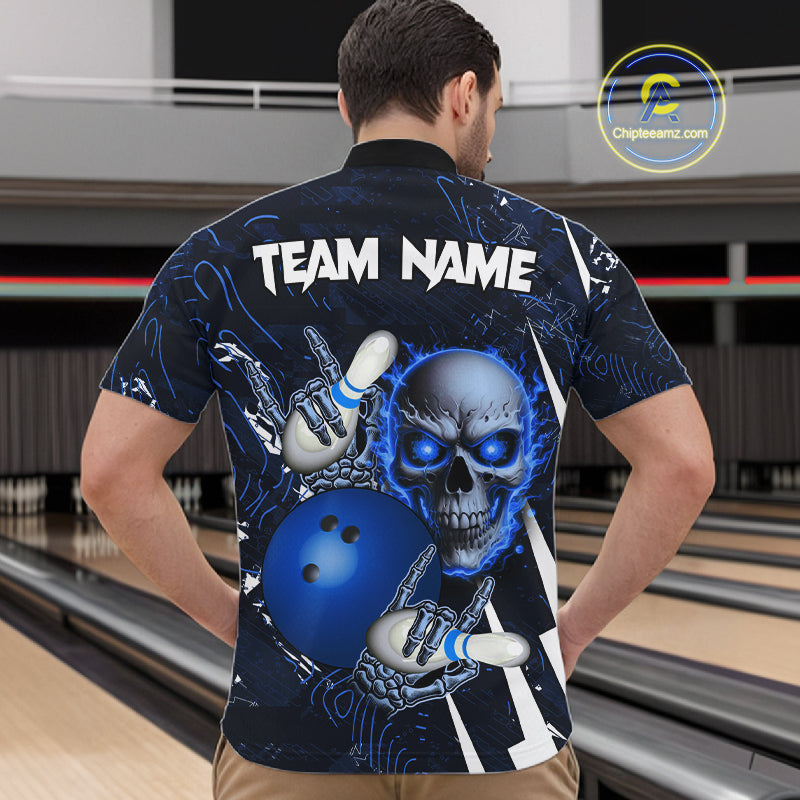 Personalized Skull Bowling Jersey For Men Custom Bowling Team Shirt Polo & Quarter Zip | Blue TDM6206