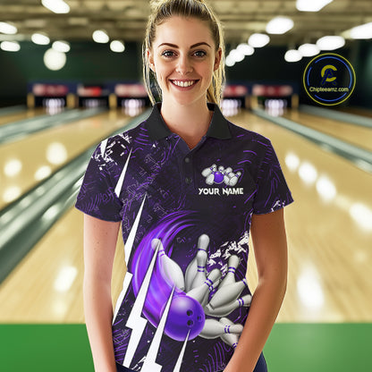 Personalized Skull Bowling Jersey For Women Custom Bowling Team Shirt Polo & Quarter Zip | Purple TDM6207