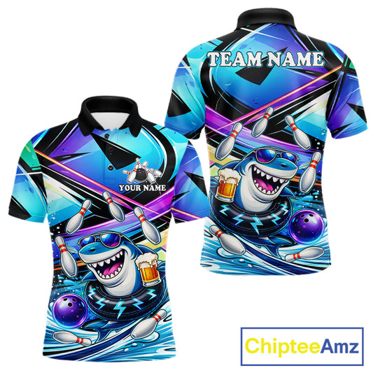 Blue Funny Shark Graffiti Bowling Shirts For Men, Best Bowling Team Jersey Polo & Quarter Zip TDM6209