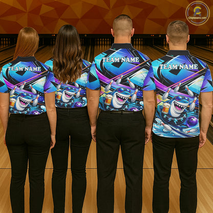 Blue Funny Shark Graffiti Bowling Shirts For Men, Best Bowling Team Jersey Polo & Quarter Zip TDM6209