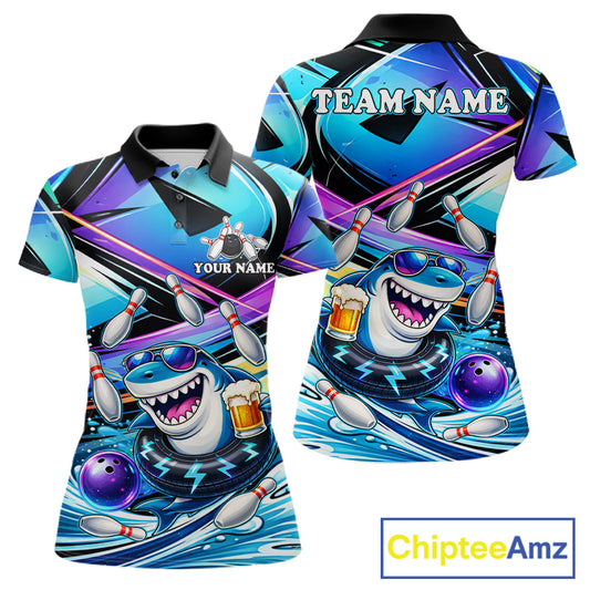 Blue Funny Shark Graffiti Bowling Shirts For Women, Best Bowling Team Jersey Polo & Quarter Zip TDM6209