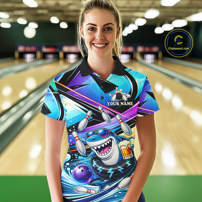 Blue Funny Shark Graffiti Bowling Shirts For Women, Best Bowling Team Jersey Polo & Quarter Zip TDM6209