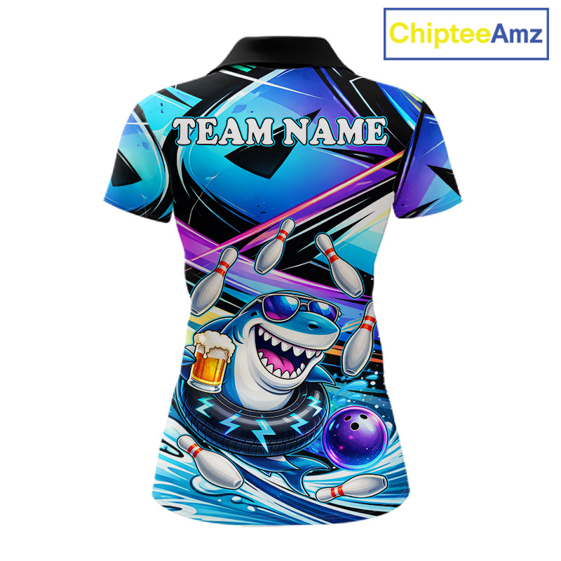 Blue Funny Shark Graffiti Bowling Shirts For Women, Best Bowling Team Jersey Polo & Quarter Zip TDM6209