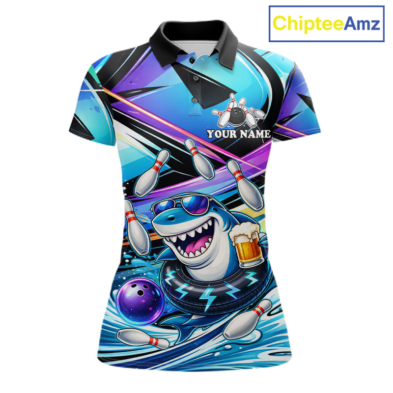 Blue Funny Shark Graffiti Bowling Shirts For Women, Best Bowling Team Jersey Polo & Quarter Zip TDM6209