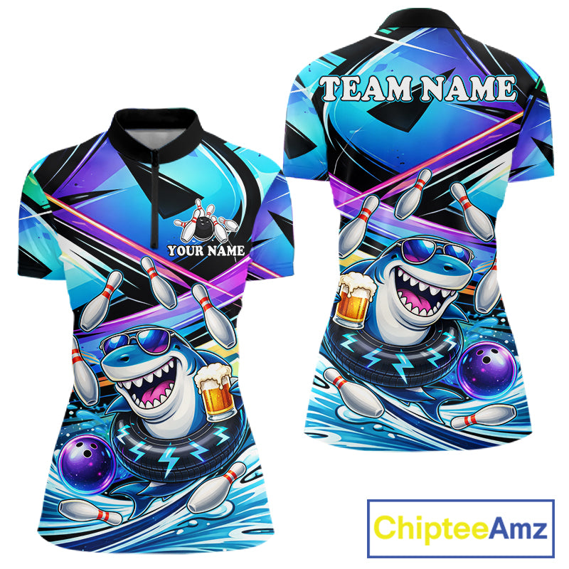 Blue Funny Shark Graffiti Bowling Shirts For Women, Best Bowling Team Jersey Polo & Quarter Zip TDM6209