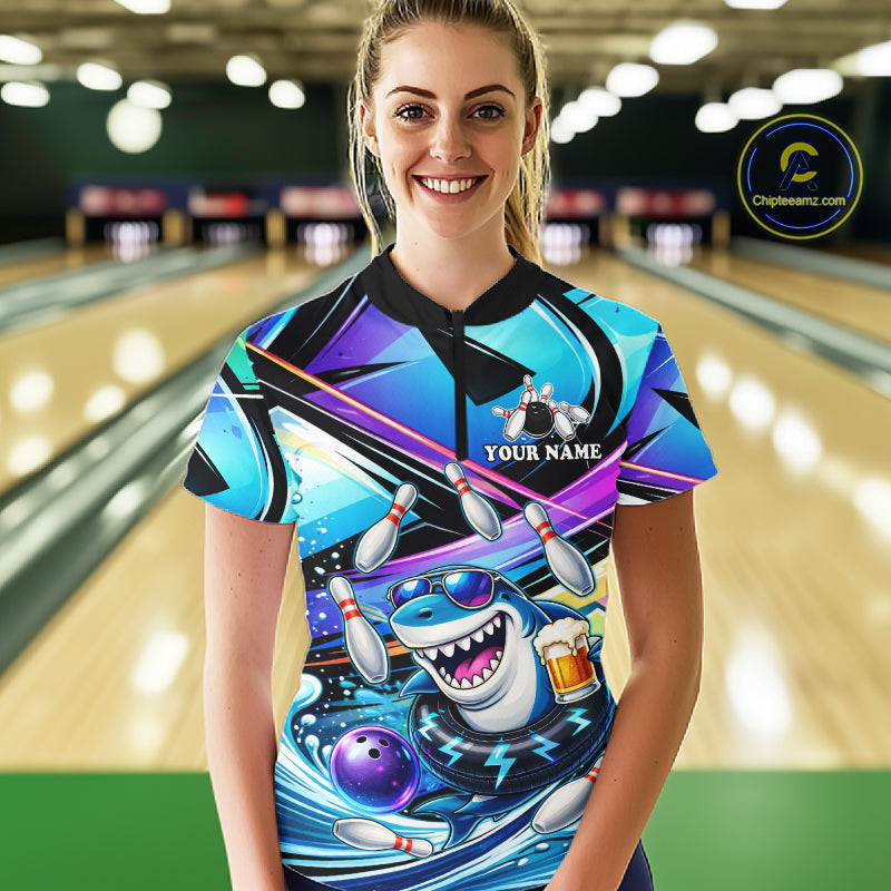 Blue Funny Shark Graffiti Bowling Shirts For Women, Best Bowling Team Jersey Polo & Quarter Zip TDM6209