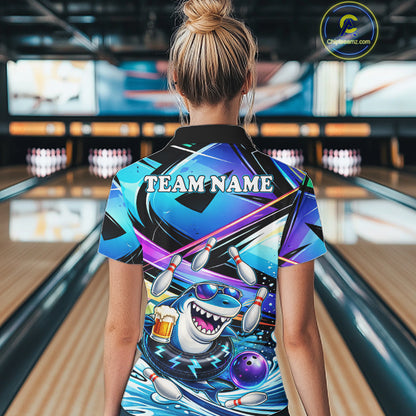 Blue Funny Shark Graffiti Bowling Shirts For Women, Best Bowling Team Jersey Polo & Quarter Zip TDM6209