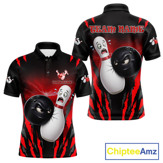 Funny Bowling Ball Custom Black And Red Bowling Shirt For Men, Bowling Team Jersey Polo & 1/4 Zip TDM6210