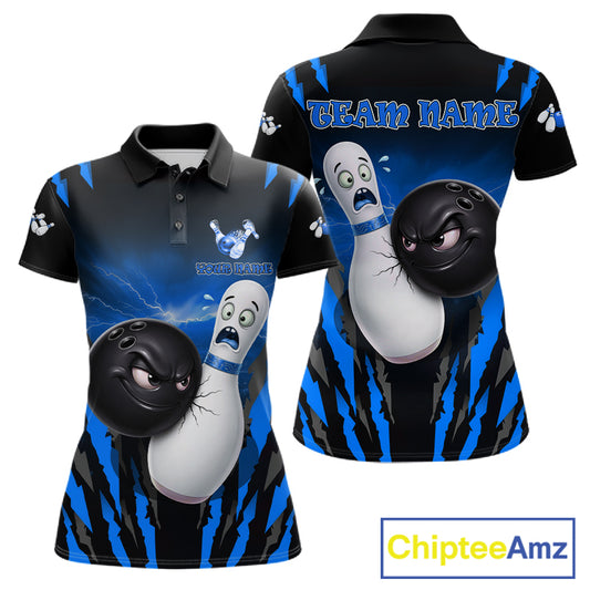 Funny Bowling Ball Custom Black And Blue Bowling Shirt For Women, Bowling Team Jersey Polo & 1/4 Zip TDM6211