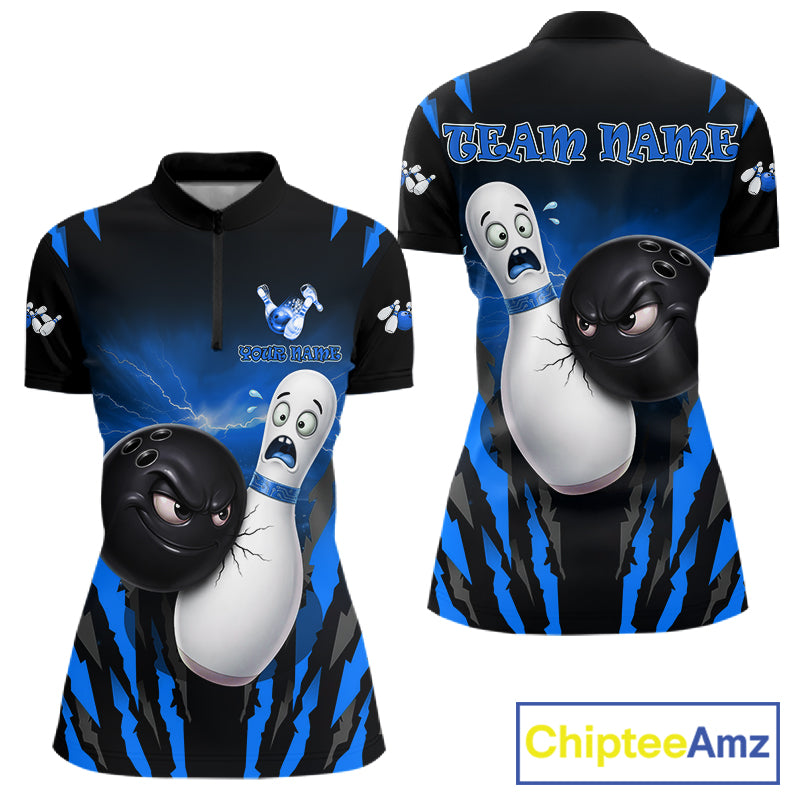 Funny Bowling Ball Custom Black And Blue Bowling Shirt For Women, Bowling Team Jersey Polo & 1/4 Zip TDM6211