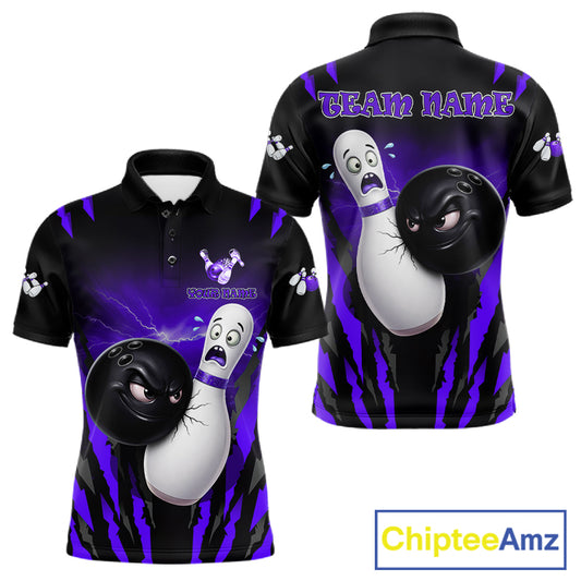 Funny Bowling Ball Custom Black And Purple Men’s Bowling Shirt, Bowling Team Jersey Polo & 1/4 Zip TDM6212