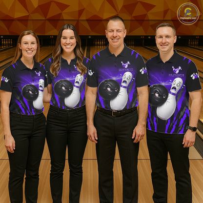 Funny Bowling Ball Custom Black And Purple Men’s Bowling Shirt, Bowling Team Jersey Polo & 1/4 Zip TDM6212