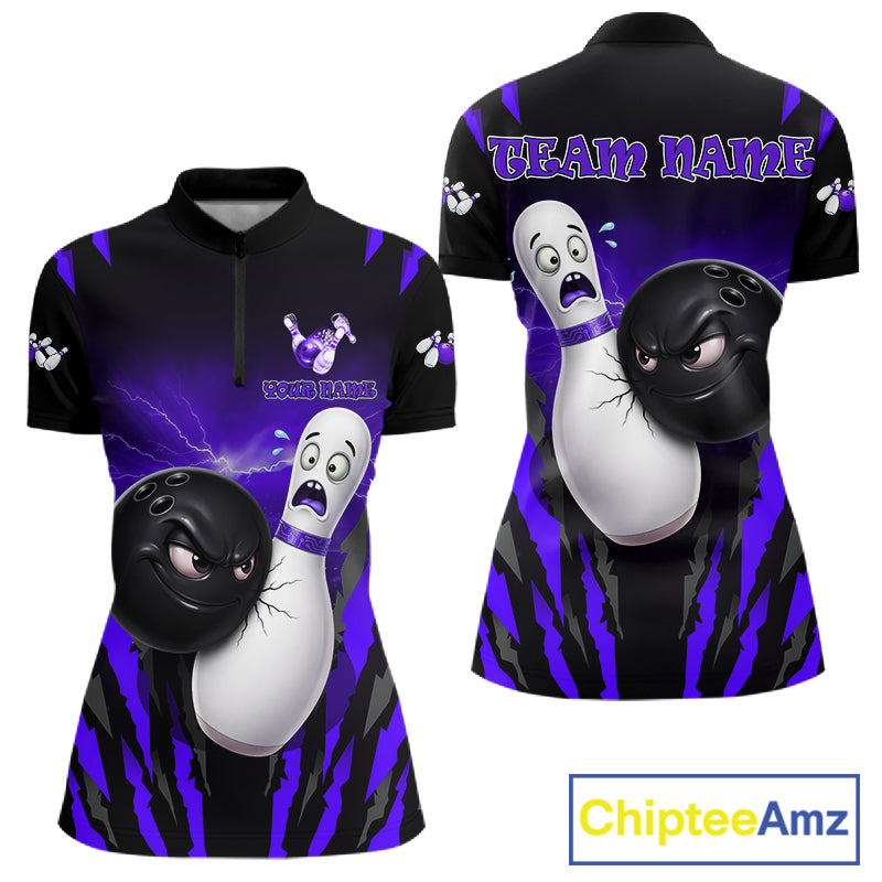 Funny Bowling Ball Custom Black And Purple Women's Bowling Shirt, Bowling Team Jersey Polo & 1/4 Zip TDM6212