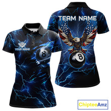 Load image into Gallery viewer, Women’s blue thunder lightning billiard polo shirt with American flag graphics for pool league players.
