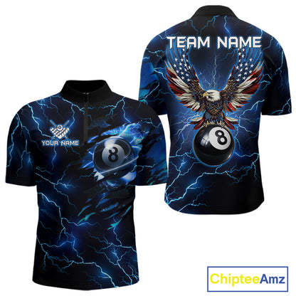 Men’s blue thunder lightning billiard quarter zip shirt designed for tournaments and team play.