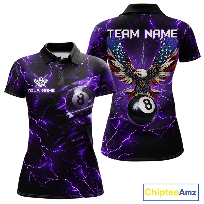 Women’s purple thunder lightning billiard polo shirt with American flag artwork for pool league players.