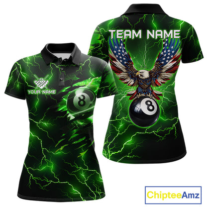 Women’s green thunder lightning billiard polo shirt with American flag graphics for pool players.