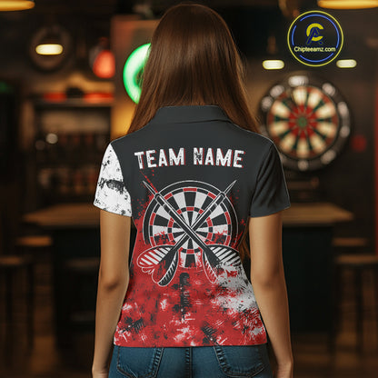 Personalized Red Grunge Womens Dart Shirts Custom Dart Jerseys Team Polo & 1/4 Zip, Darts Uniform TDM5121