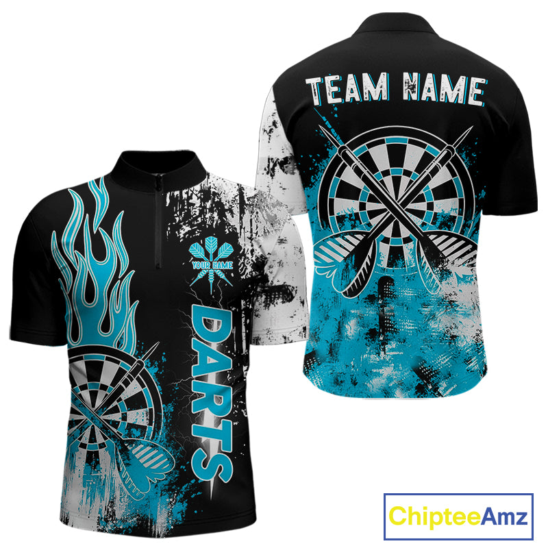 Personalized Blue Grunge Mens Dart Shirts Custom Dart Jerseys Team Polo & 1/4 Zip, Darts Uniform TDM5122