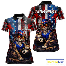 Load image into Gallery viewer, Funny Cat 8 Ball Billiard Shirt For Women Custom Vintage US Flag Pool Team Jersey Polo &amp; 1/4 Zip TDM5983