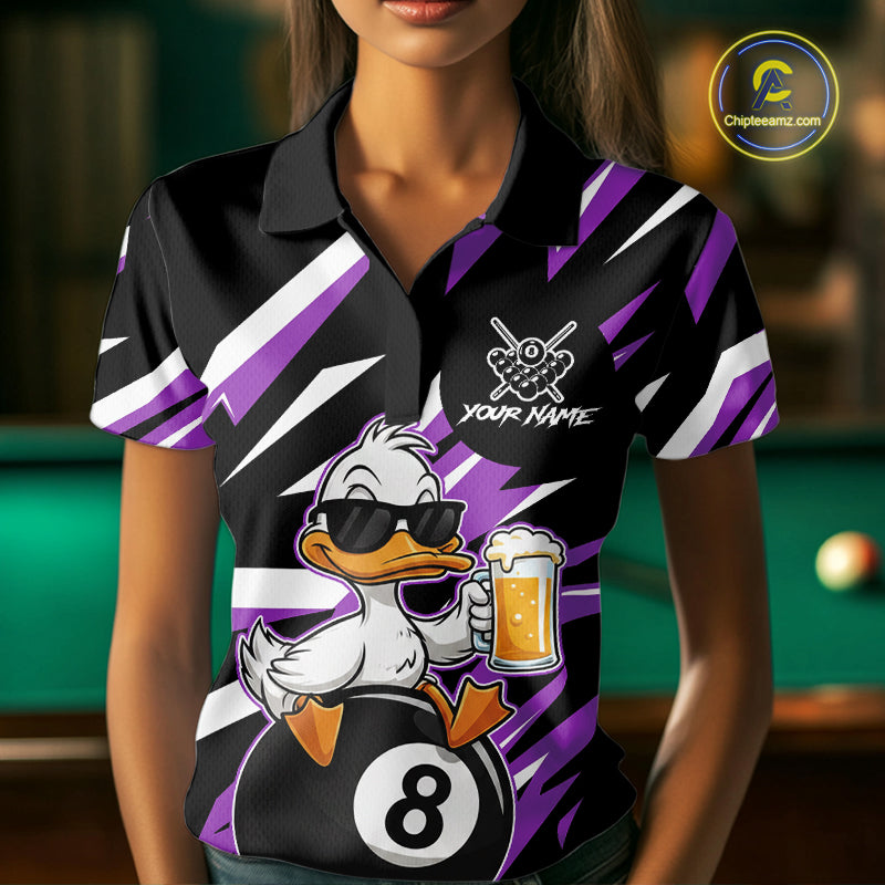 Custom Purple Funny Duck 8 Ball Pool Billiard Shirt For Women, Billiard Team Jersey Polo & 1/4 Zip TDM6449