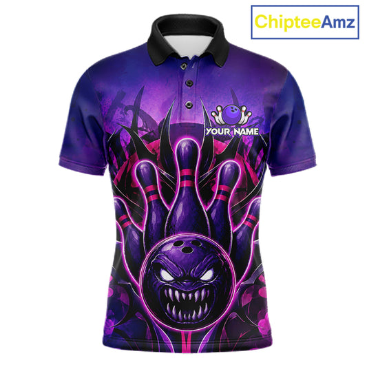 Purple neon monster bowling polo shirt for men, custom bowling league team jersey.