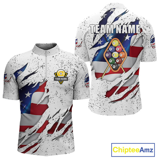 9 Ball Pool US Flag White Grunge Custom Men's Billiard Shirt, Patriotic Billiard Team Jersey TDM5138