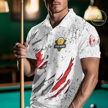 9 Ball Pool Canada Flag White Grunge Custom Men's Billiard Shirt, Patriotic Pool Team Shirts TDM5139