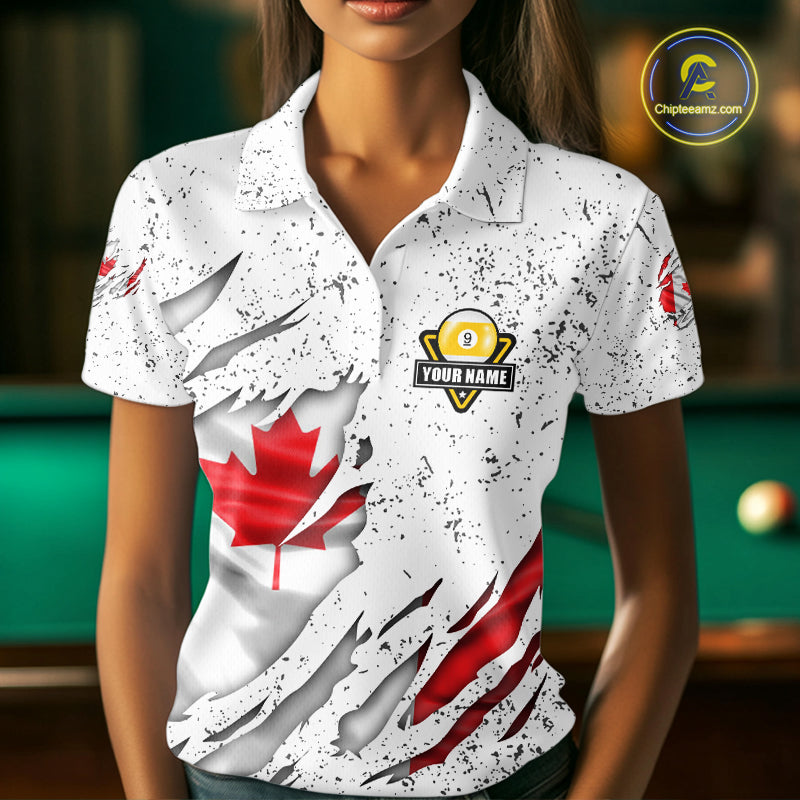 9 Ball Pool Canada Flag White Grunge Custom Women's Billiard Shirt, Patriotic Pool Team Shirts TDM5139