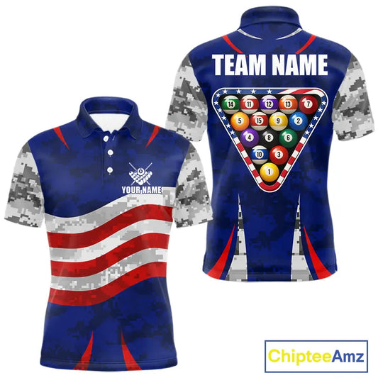 Personalized Camo American Flag Billiard Shirt For Men, Patriotic Pool Jersey Team Polo & 1/4 Zip TDM5609