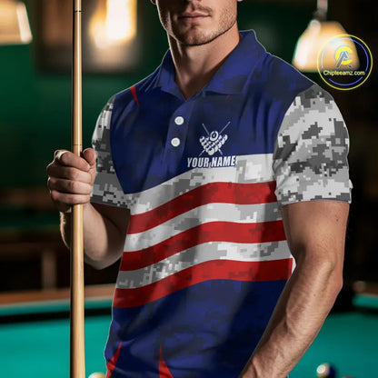 Personalized Camo American Flag Billiard Shirt For Men, Patriotic Pool Jersey Team Polo & 1/4 Zip TDM5609
