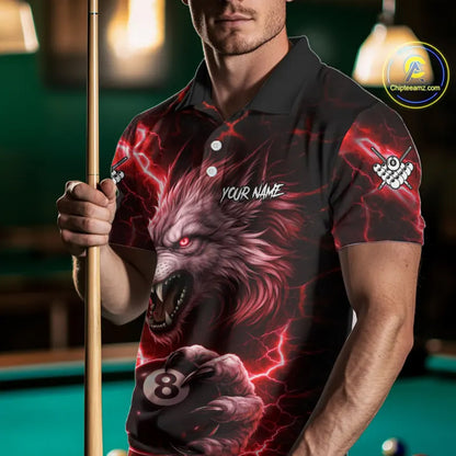 Red 8 Ball Pool Wolf Lightning Billiard Shirt For Men Custom Billiard Team Jersey Polo & 1/4 Zip TDM5614