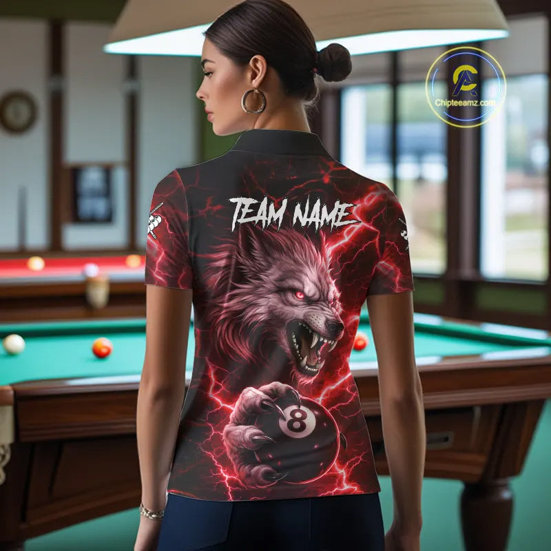 Red 8 Ball Pool Wolf Lightning Billiard Shirt For Women Custom Billiard Team Jersey Polo & 1/4 Zip TDM5614