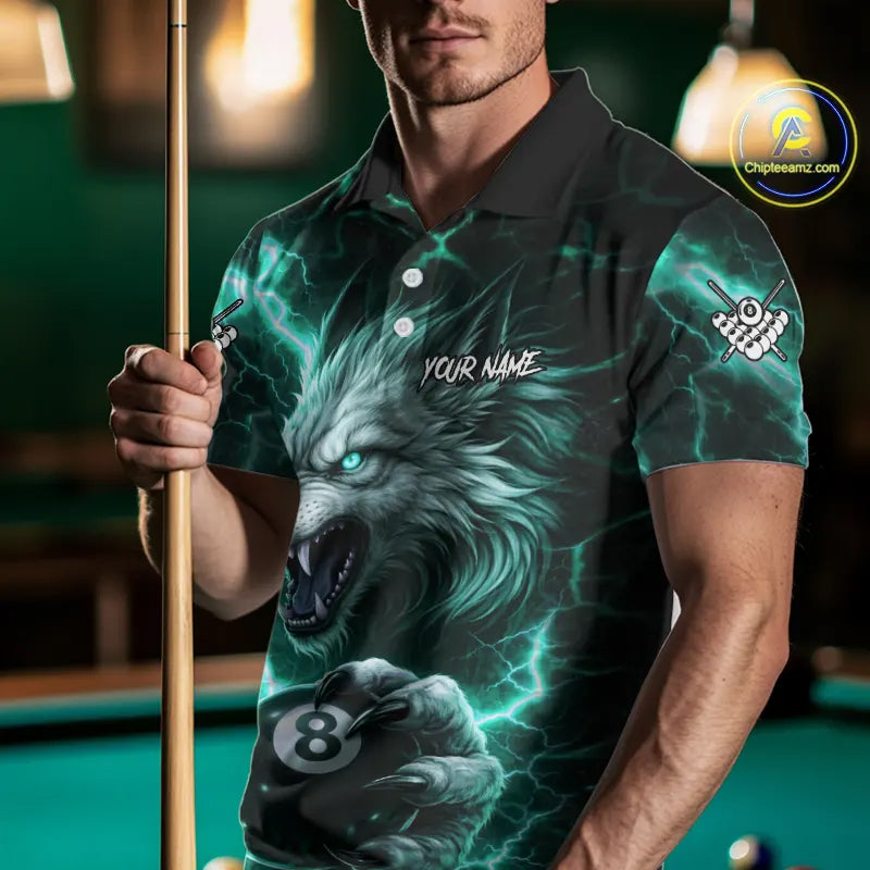 Turquoise 8 Ball Pool Wolf Lightning Billiard Shirt For Men Custom Billiard Jersey Polo & 1/4 Zip TDM5615