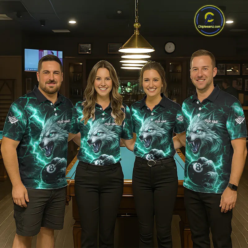 Turquoise 8 Ball Pool Wolf Lightning Billiard Shirt For Men Custom Billiard Jersey Polo & 1/4 Zip TDM5615