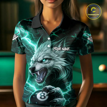 Turquoise 8 Ball Pool Wolf Lightning Billiard Shirt For Women Custom Billiard Jersey Polo & 1/4 Zip TDM5615