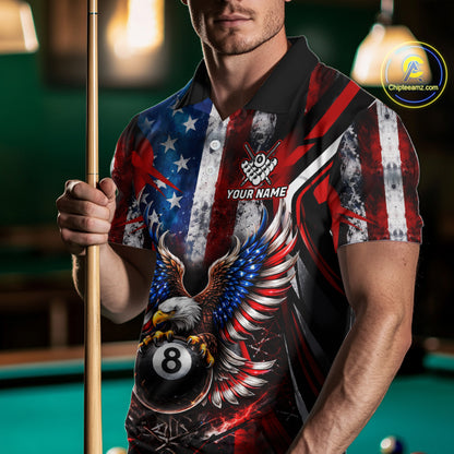 Vintage American Flag Eagle 8 Ball Billiard Shirt For Men Custom Pool Team Jersey Polo & 1/4 Zip TDM5991